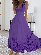 abordables Robe Fleurie-Robe Maxi Femme Robe Décontractée Imprimé Feuille Col V Maxi Long Robe Décontractée Quotidien Rendez-vous Sans Manches Été Printemps
