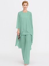 billiga Mammas byxdräkter-Strand Bröllop Jumpsuit/Byxdräkt 3 Delar Mor Till Brud Bröllops Gäst Elegant Plus Size Inkluderat Bateau Hals Golvlängd Chiffon Ärmlös Jacka es med Enfärgade Färger