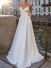 cheap Wedding Dresses-Beach Casual Wedding Dresses A-Line Spaghetti Strap Camisole Spaghetti Strap Sweep / Brush Train Satin Bridal Gowns With Ruched 2024