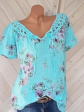 abordables Hauts en dentelle-Blouses en dentelle blanche élégante pour femmes blouses ajourées basiques florales imprimées courtes tops réguliers col en V décontractés romantiques petits tops pour l&#039;été vêtements de vacances