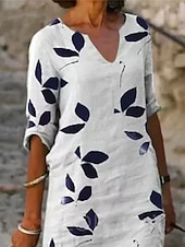 abordables Robe Fleurie-Robe Midi Femme Coton Lin Robe Décontractée Robe Shift Robe Midi Imprimée Décontractée Quotidien Vacances Col V Manches Courtes Été Printemps Blanc Violet Feuille