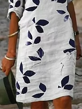 abordables Robe Fleurie-Robe Midi Femme Coton Lin Robe Décontractée Robe Shift Robe Midi Imprimée Décontractée Quotidien Vacances Col V Manches Courtes Été Printemps Blanc Violet Feuille