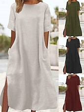 رخيصةأون فساتين تصميم من القطن والكتان-نسائي الجيش الأخضر أسود نبيذ الصيف الربيع فستان طويل فساتين مستوحاة من الكتان لباس غير رسمي يوميا أساسي كاجوال المنزل مناسب للبس اليومي شاطئ فضفاض صالح سهل رقبة عالية مدورة