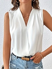 baratos Camisolas &amp; Baby Dolls de mulher-Womens Camisola Tank Top Plissada Envolvente Cetim Sólido  Simples Cor Básica Casual Decote V Sem Mangas Verão Preto Branco