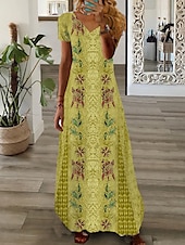 tanie Wakacyjne sukienki-Damskie Sukienka maxi Codzienne sukienki Sukienka z nadrukiem Moda Nowoczesny Codzienny Urlop Codzienny Święto Regularny Graficzny Marmurkowanie Krótki rękaw W serek Biały Żółty Jasnozielony Czerwony