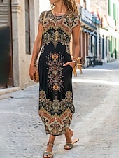 abordables Robes Boho-Robe Maxi Femme Robe Décontractée Vintage Vacances Ajustement Régulier Fleurie Manches Courtes Col Ras du Cou Noir Jaune Kaki Été