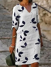 abordables Robe Fleurie-Robe Midi Femme Coton Lin Robe Décontractée Robe Shift Robe Midi Imprimée Décontractée Quotidien Vacances Col V Manches Courtes Été Printemps Blanc Violet Feuille