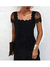 abordables robe noire midi-Femmes Mini Robe Robe de remise des diplômes Robe en Dentelle ancien Mode Quotidien Date Coupe régulière Uni Manche Courte Col carré Noir Été