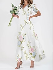 tanie Wakacyjne sukienki-Damskie Sukienka maxi Codzienne sukienki Sukienka z nadrukiem Moda Nowoczesny Codzienny Urlop Codzienny Święto Regularny Graficzny Marmurkowanie Krótki rękaw W serek Biały Żółty Jasnozielony Czerwony
