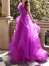 economico viola-Abito da sera A-Line abito floreale abito formale prom strascico senza maniche colletto a V in chiffon con volant 2025