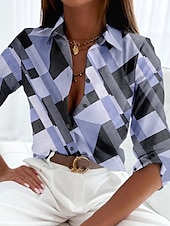 billiga Kvinnors randiga och geometriska toppar-Damtröja Knapp Ned Tunika Tröja Krage Lång Ärme Elegant Vintage Mode Geometrisk s Tryck Regular Tops Avslappnad Rosa Blå Grön Khaki Grå Vår Höst