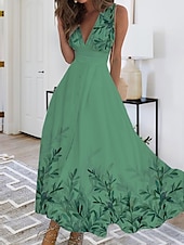 abordables Robe Fleurie-Robe Maxi Femme Robe Décontractée Imprimé Feuille Col V Maxi Long Robe Décontractée Quotidien Rendez-vous Sans Manches Été Printemps