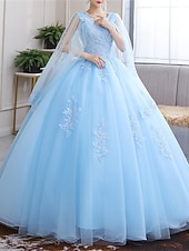 Robe de bal Longueur au sol Robes de Bal Princesse Bouffant Manche Courte Col en V Performance 16 Ans Tulle avec Appliques