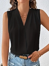 baratos Camisolas &amp; Baby Dolls de mulher-Womens Camisola Tank Top Plissada Envolvente Cetim Sólido  Simples Cor Básica Casual Decote V Sem Mangas Verão Preto Branco