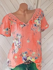 abordables Hauts en dentelle-Blouses en dentelle blanche élégante pour femmes blouses ajourées basiques florales imprimées courtes tops réguliers col en V décontractés romantiques petits tops pour l&#039;été vêtements de vacances
