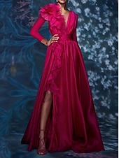 voordelige PAARS-A-lijn Avondjurk Bloem jurk Bruidsgast Bruiloftsfeest Vloerlengte Lange mouw V-hals Chiffon met Plooien Split Maskerade jurk 2025
