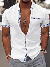 cheap Vacation-Men&#039;s Shirt Linen Shirt Summer Shirt Beach Wear Casual Shirt Button Up Shirt Color Block Vacation Curise Black White Pink Navy Blue Short Sleeve Lapel Summer Clothing Apparel Patchwork