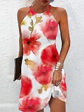 preiswerte Blumenkleider-Damen Mini Kleid Petite Kleid Sommerkleid Sommer Kleid Halterhals Kleid Aktive Mode Streetwear Outdoor Urlaub Täglich Regulär Fit Ombre Floral Blatt Ärmellos Halterhals Weiß Rot
