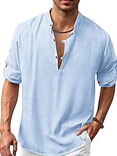 economico Casual da lavoro-Per uomo Camicia Camicia in lino e cotone Camicia con colletto cinese Camicia con colletto alla coreana Camicia popover Camicia estiva Liscio Da mare Informale Nero Bianco Blu Marrone Manica lunga