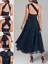abordables Robes pour invitées de mariage-Robes de Mariage Invité A-Line Robe Élégante Formelle Fête de Mariage Longueur Thé Sans Manches Une Épaule Invité de Mariage Automne Chiffon avec Fronces 2025