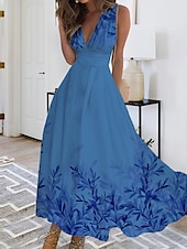 abordables Robe Fleurie-Robe Maxi Femme Robe Décontractée Imprimé Feuille Col V Maxi Long Robe Décontractée Quotidien Rendez-vous Sans Manches Été Printemps