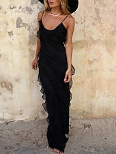 preiswerte Kleider für den-Damen schwarzes kleid Ballkleid abendkleider Rüsche Gespleisst Spaghetti-Träger Ärmellos kleid hochzeitsgast Urlaub Schwarz Rote Sommer Frühling