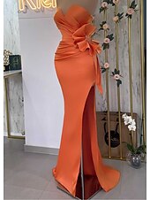 preiswerte ORANGE-Meerjungfrau Abendkleid Blumen Kleid Maskerade Abschlussball Schlepp/Fegebahn Ärmellos Trägerlos Satin mit Schlitz 2025