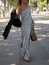 abordables Robes de vacances-robe décontractée pour femme robe droite imprimé géométrique une épaule maxi robe longue décontractée tous les jours vacances manches longues été printemps
