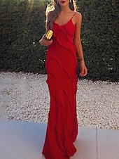 preiswerte Kleider für den-Damen schwarzes kleid Ballkleid abendkleider Rüsche Gespleisst Spaghetti-Träger Ärmellos kleid hochzeitsgast Urlaub Schwarz Rote Sommer Frühling