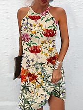 preiswerte Blumenkleider-Damen Mini Kleid Petite Kleid Sommerkleid Sommer Kleid Halterhals Kleid Aktive Mode Streetwear Outdoor Urlaub Täglich Regulär Fit Ombre Floral Blatt Ärmellos Halterhals Weiß Rot