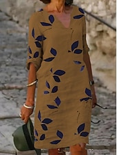 abordables Robe Fleurie-Robe Midi Femme Coton Lin Robe Décontractée Robe Shift Robe Midi Imprimée Décontractée Quotidien Vacances Col V Manches Courtes Été Printemps Blanc Violet Feuille