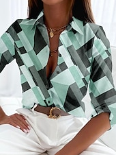 billiga Kvinnors randiga och geometriska toppar-Damtröja Knapp Ned Tunika Tröja Krage Lång Ärme Elegant Vintage Mode Geometrisk s Tryck Regular Tops Avslappnad Rosa Blå Grön Khaki Grå Vår Höst