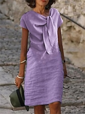 abordables vestidos de algodón y lino de diseño-Mujer Vestido blanco Vestido informal Vestido de Algodón Vestido Midi Acordonado Anudado Básico Casual Diario Vacaciones Escote en Pico Manga Corta Verano Primavera Negro Blanco Plano