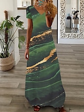 tanie Wakacyjne sukienki-Damskie Sukienka maxi Codzienne sukienki Sukienka z nadrukiem Moda Nowoczesny Codzienny Urlop Codzienny Święto Regularny Graficzny Marmurkowanie Krótki rękaw W serek Biały Żółty Jasnozielony Czerwony