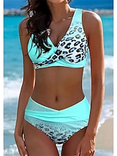 billiga Bikiniset-Dam Vanligt Badkläder Bikini Baddräkt 2 st Tryck Standkläder Sommar Leopard Ärmlös Baddräkter