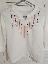 preiswerte Wesentliche Falsche Hemden-Damen Hemd Kunstbaumwollleinen Stickerei Ethnisch Elegant Mode V Ausschnitt Weiß Sommer Frühling Herbst