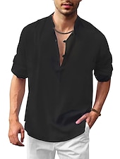 economico Casual da lavoro-Per uomo Camicia Camicia in lino e cotone Camicia con colletto cinese Camicia con colletto alla coreana Camicia popover Camicia estiva Liscio Da mare Informale Nero Bianco Blu Marrone Manica lunga