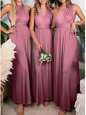 baratos Vestidos para Madrinhas-Tubinho Vestido de Madrinha Halter pescoço Sem Manga Elegante Até o Tornozelo Elastano com Pregas / Cor Única 2022