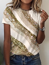 abordables T-shirt rayé et géométrique-t-shirt femme basique imprimé manches courtes hauts réguliers col rond quotidien week-end jaune rose bleu vert gris