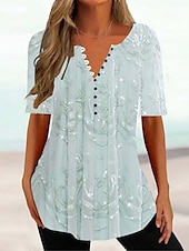 baratos Camiseta floral-Mulheres Camiseta Camisa Henley Floral Tunicas Básico Manga Curta Decote Redondo Tops regulares Feriado Final de semana Botões Imprimir Branco Amarelo Verde Claro Azul Verde