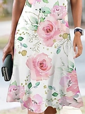 Χαμηλού Κόστους Casual Floral Φορέματα-γυναικεία φλοράλ αντίθεση δαντέλα δαντέλα όστρακο λαιμό δαντέλα μανίκι midi φόρεμα καθημερινές διακοπές κοντομάνικο καλοκαίρι άνοιξη