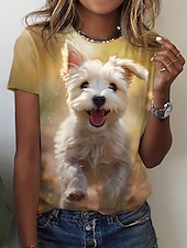 abordables T-shirt Animaux-t-shirt basique à manches courtes pour femme, imprimé chien, haut régulier, col rond, quotidien, week-end, jaune