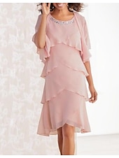 preiswerte Mit Jacke-Strandhochzeit Zweiteilig Sheath Mutter der Braut Kleid formell Hochzeitsgast Elegant High Low Rundhals asymmetrisch knielang Chiffon ärmellos Wrap inklusive mit Tier kostenloser Maßanfertigung