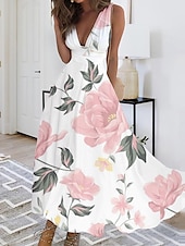 abordables Robes fleuries-Robes Maxi Femme Robe Décontractée Imprimé Floral Col V Décontractée Date Quotidienne Sans Manches Été Printemps