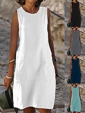 cheap Dresses-Women&#039;s Light Blue Black White Summer Spring Midi Dress White Dress Cotton Linen Dresses Sundress Classic Casual Vacation Daily Loose Fit Plain U Neck