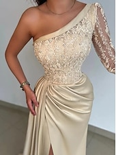 cheap CHAMPAGNE-Mermaid Evening Gown Hot Dress Formal Wedding Guest Sweep / Brush Train Long Sleeve One Shoulder Bridesmaid Dress Satin with Rhinestone Appliques Masquerade Dress