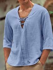 preiswerte Straße-Herren Hemd aus Baumwollleinen Weißes Baumwollhemd Sommerhemd Lässiges Hemd Glatt Casual Täglich Weiß Rosa Grau Leicht Blau Langarm V Ausschnitt Frühling Sommer Bekleidung Kordelzug