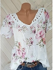 abordables Hauts en dentelle-Blouses en dentelle blanche élégante pour femmes blouses ajourées basiques florales imprimées courtes tops réguliers col en V décontractés romantiques petits tops pour l&#039;été vêtements de vacances