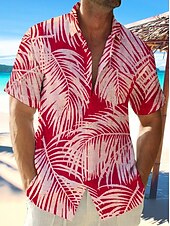 billige Geometrisk mønster-Herre Blader Skjorte Skjorte med knapper Kortermet Tropisk Mote Hawaiisk utendørs Strand Sommer Vår Aftæpning Trykt mønster Knapp ned Rød Brun Beige Blå + blå