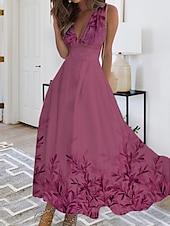 abordables Robe Fleurie-Robe Maxi Femme Robe Décontractée Imprimé Feuille Col V Maxi Long Robe Décontractée Quotidien Rendez-vous Sans Manches Été Printemps
